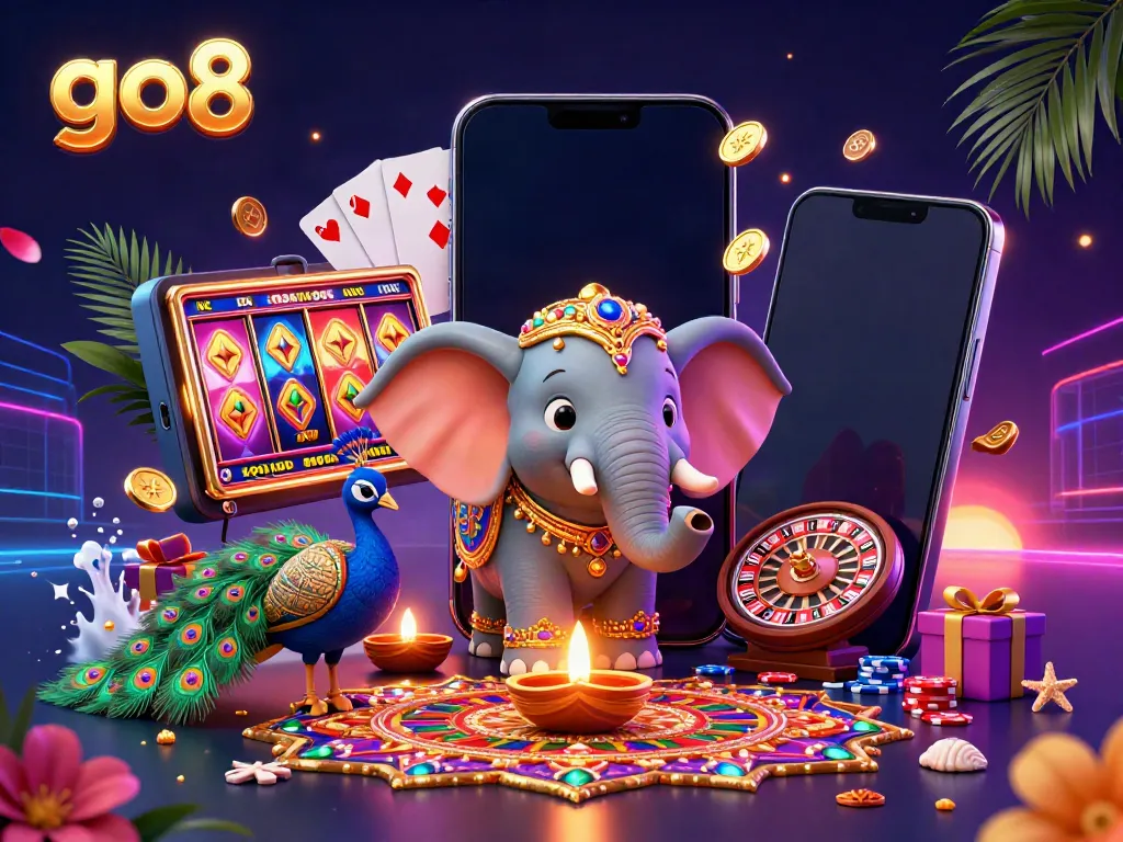 Experience the vibrant world of go8 with a colorful casino-themed 3D illustration featuring an elephant and peacock.
