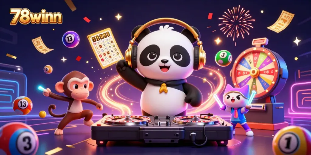 Celebrate winning moments at 78winn with an animated 3D casino party showcasing vibrant characters and game elements.