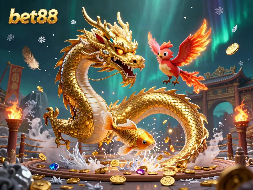 Experience thrilling bets with bet88, featuring a dragon and phoenix amidst a rich casino scene.
