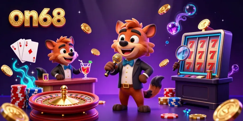 Hyenas delighting at the ON68 casino with golden coins and sparkling gems.