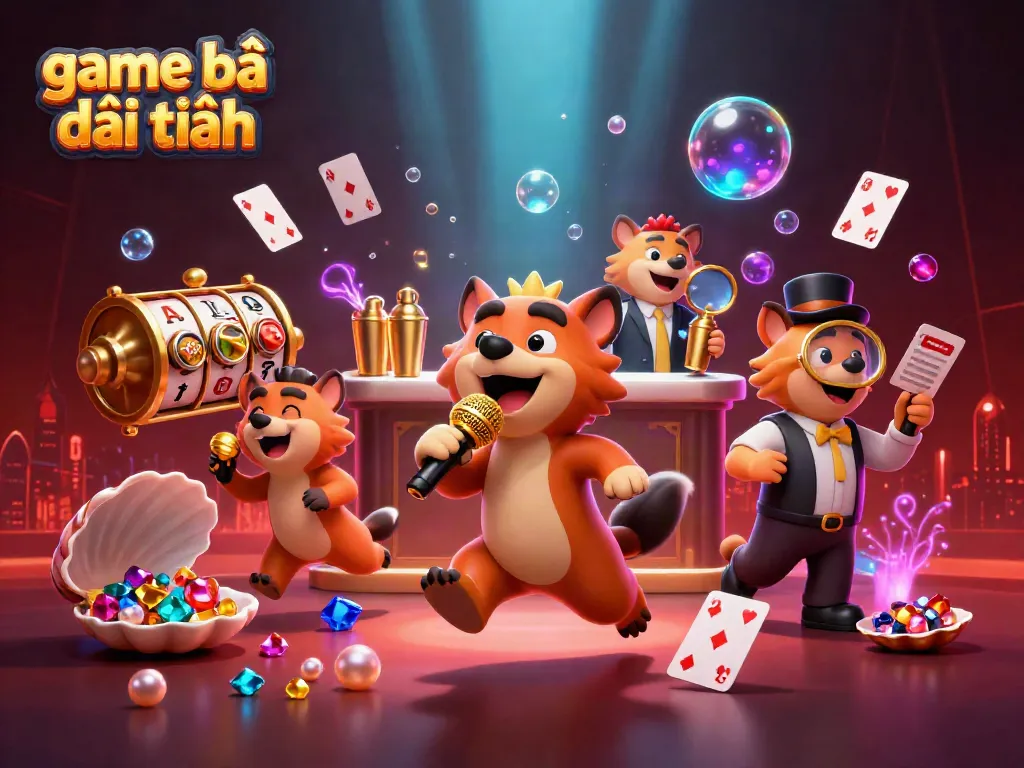 Game bài đổi thưởng illustrated scene with hyena characters running a comedy casino.