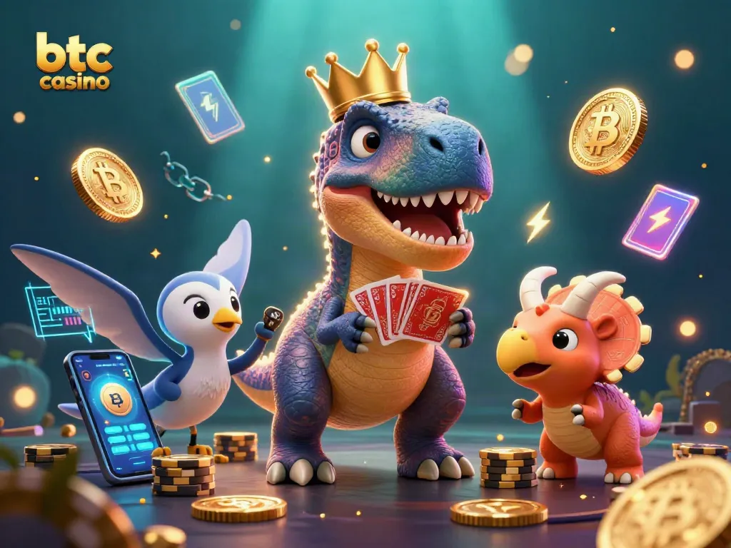 Engage with the vibrant scene in our btc casino featuring playful dinosaurs and glowing crypto elements.