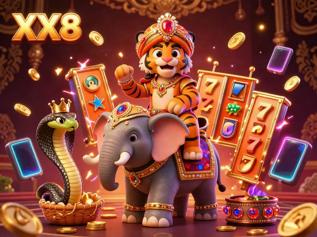 Experience the thrill of XX8 with a vibrant casino scene featuring a maharaja tiger riding an elephant, surrounded by slot machines and gold coins.