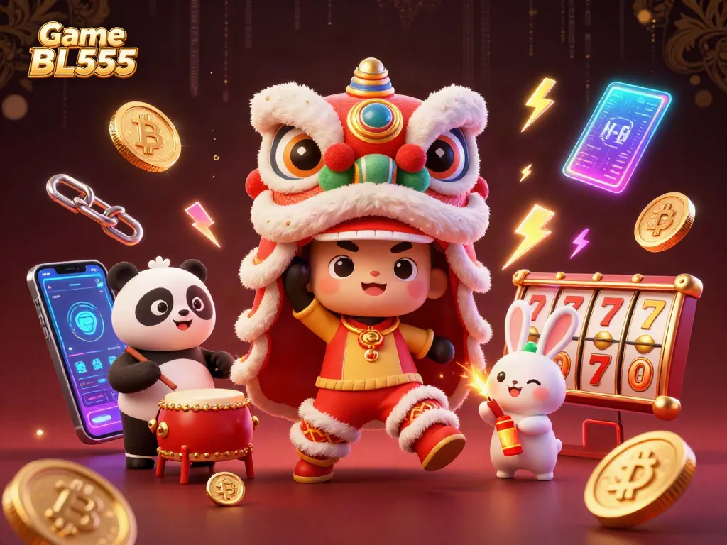 Play exciting Game BL555 with a lively lion dance and vibrant casino elements