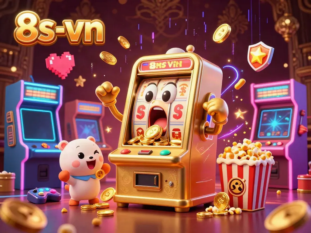 Slot machine hits jackpot as coins pour out, featuring 8s-vn celebratory casino scene.