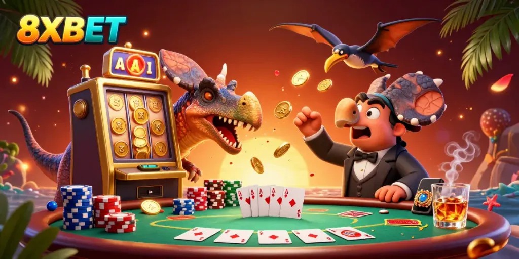 8XBET captures excitement as a dinosaur triggers a slot machine jackpot amidst a vibrant casino scene.