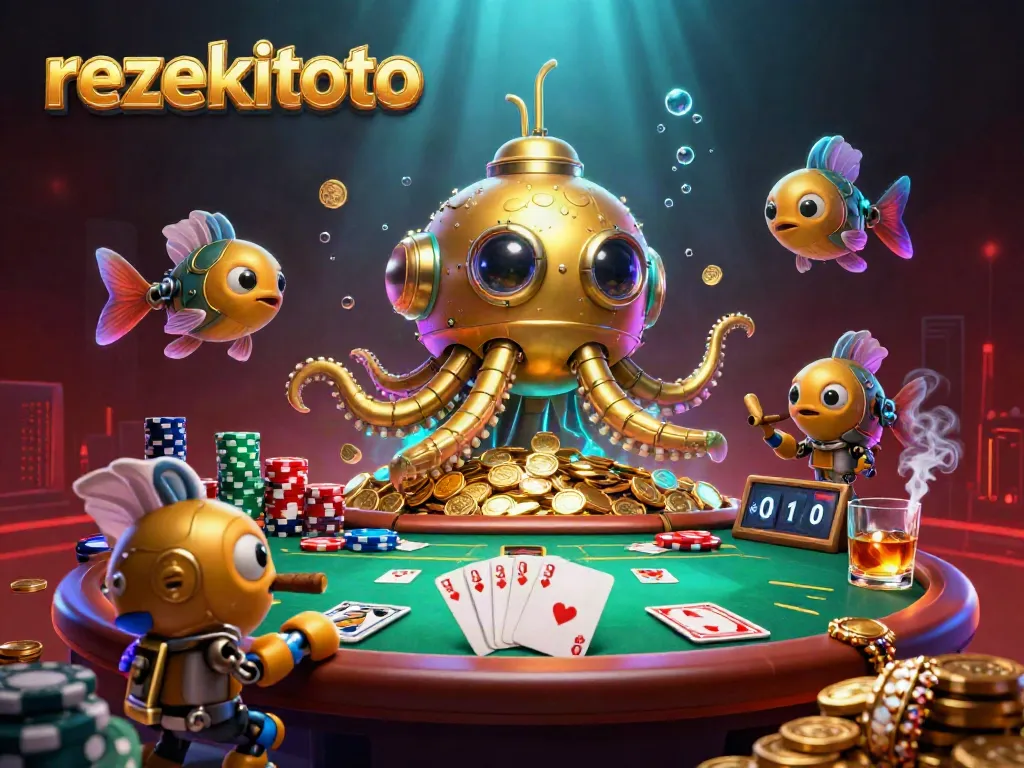 Experience thrilling action at rezekitoto with this vibrant 3D illustration of a kraken submarine and poker elements.