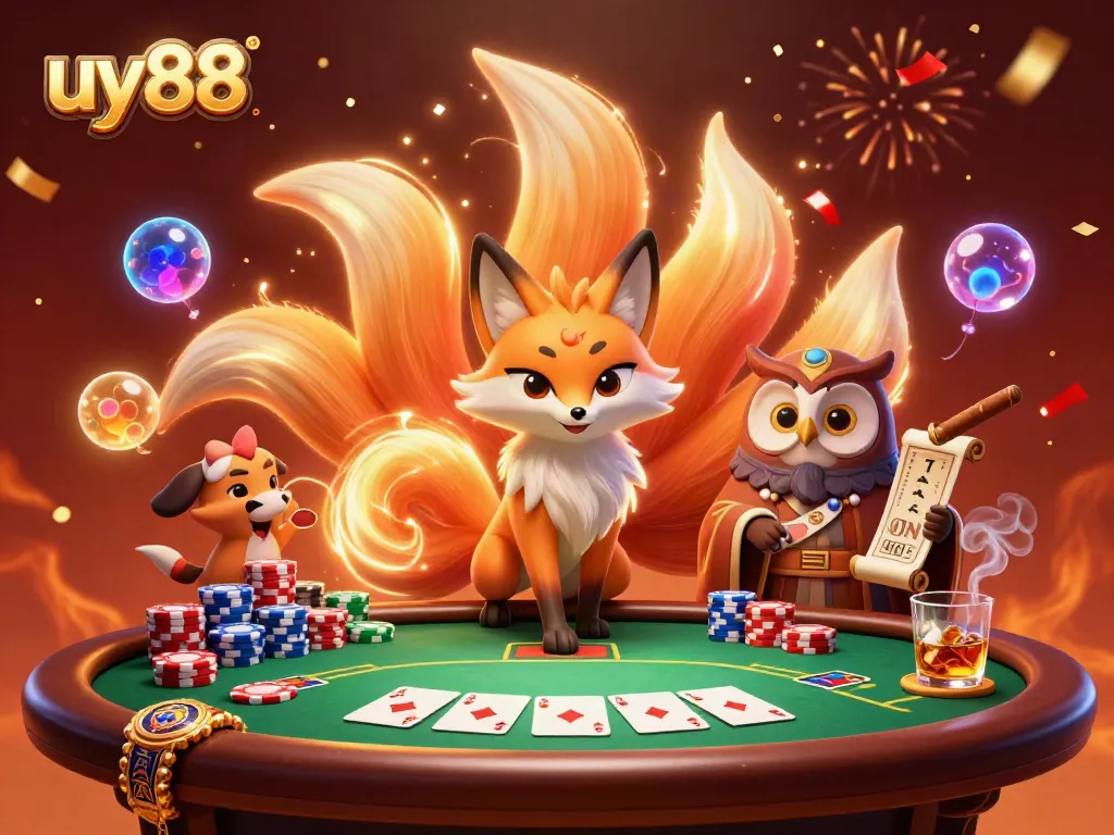 Experience the vibrant world of uy88 with a colorful nine-tailed fox, poker elements, and festive confetti.