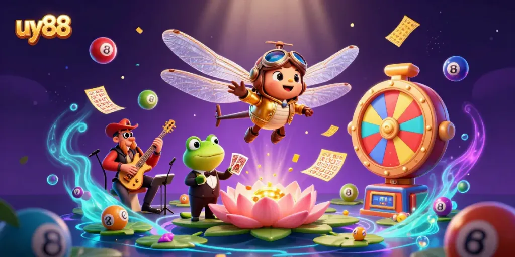 Enjoy exciting action at uy88 with a cartoon dragonfly casino scene featuring vibrant games.
