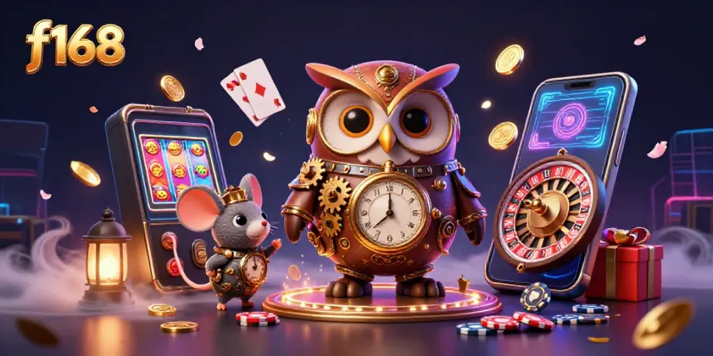 Experience thrilling gameplay in f168's vibrant casino world filled with dynamic slot games and charming characters.