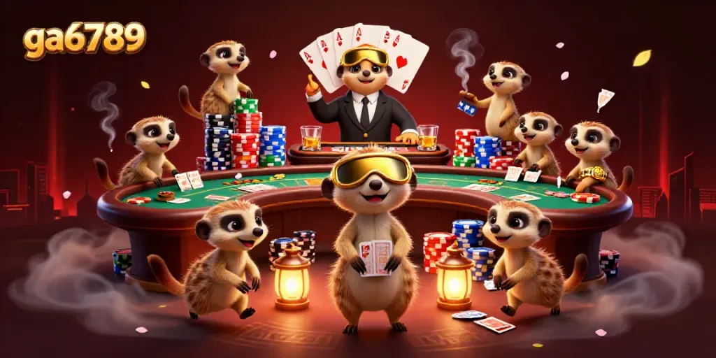 Meerkats in a vibrant casino scene showcasing ga6789 operations with poker chips and cards.