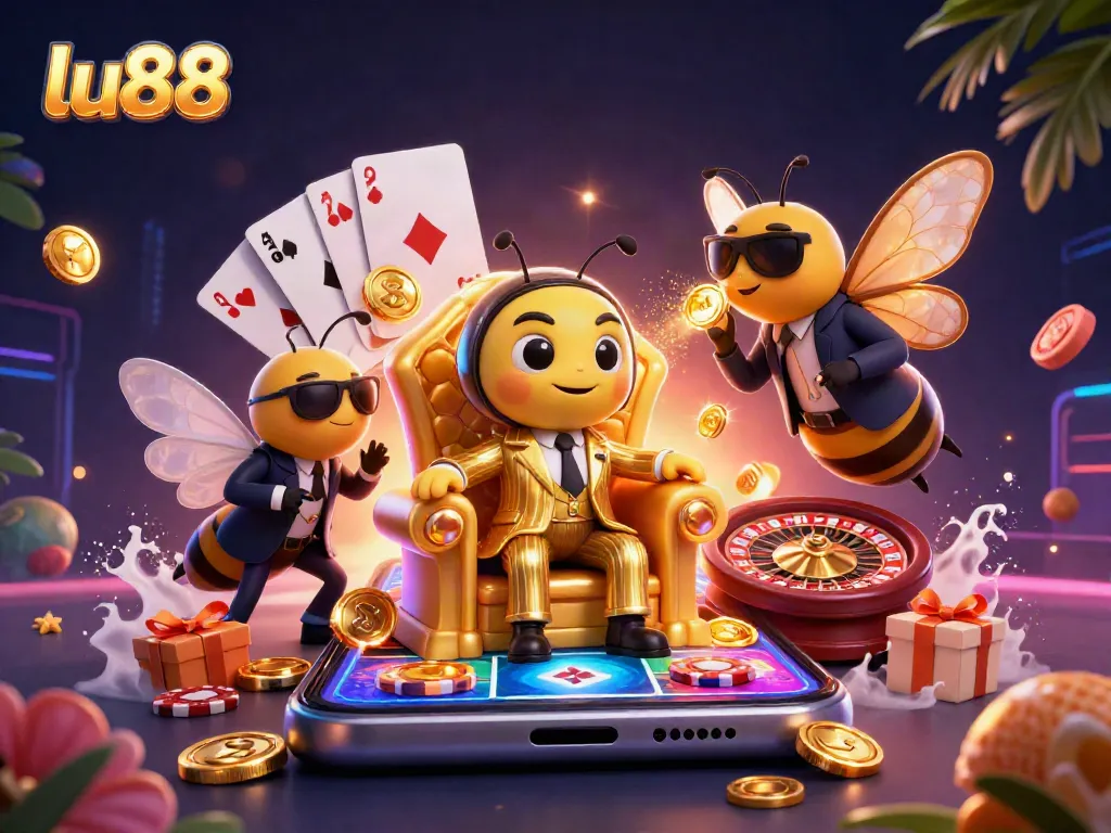 Experience the thrill of gaming at lu88 with a dynamic casino scene featuring a bumblebee mob boss and dazzling slot action.