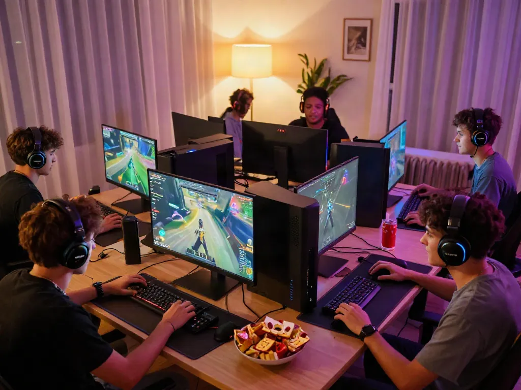 Diverse gamers enjoying an exciting multiplayer game, highlighting the engaging atmosphere of kilat404.