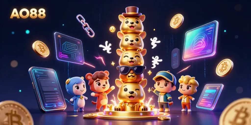 Engage with AO88's vibrant casino scene showcasing a golden totem pole and crypto elements for immersive gaming.
