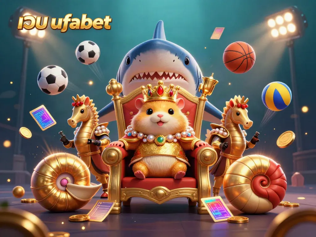 Engage with เว็บ ufabet's vibrant online gambling scene featuring a golden hamster king dominating a dynamic 3D throne.