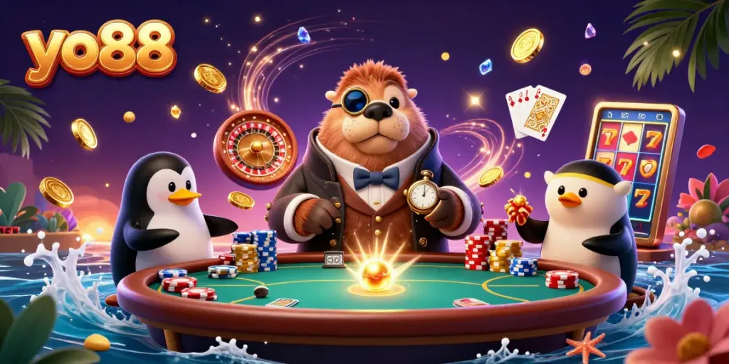 Experience thrilling poker action with yo88's vibrant illustration featuring a walrus, penguin dealer, and pufferfish player.