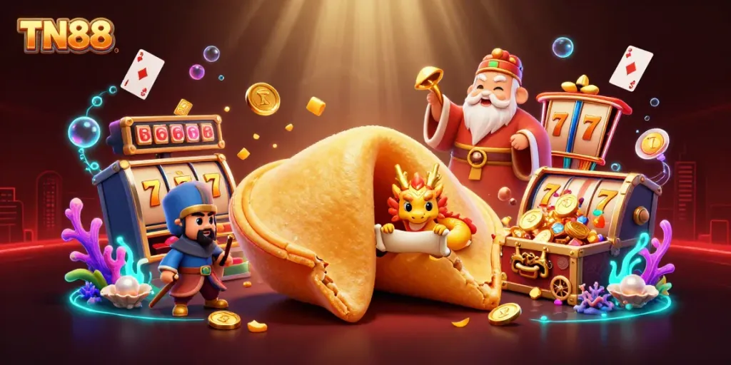 Experience TN88's casino magic with a golden fortune cookie and vibrant game symbols.