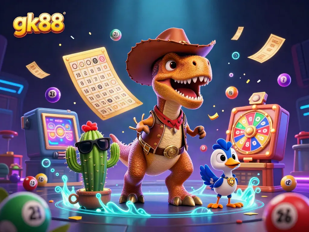 Engage in vibrant gk88 gaming with a T-Rex cowboy, cactus, and roadrunner surrounded by lottery elements.