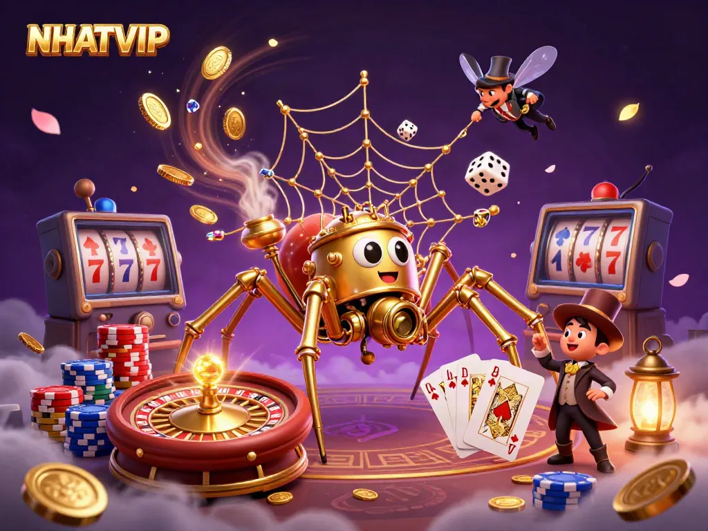 NhatVIP attracts gamblers with a colorful, vibrant casino scene filled with coins and games.