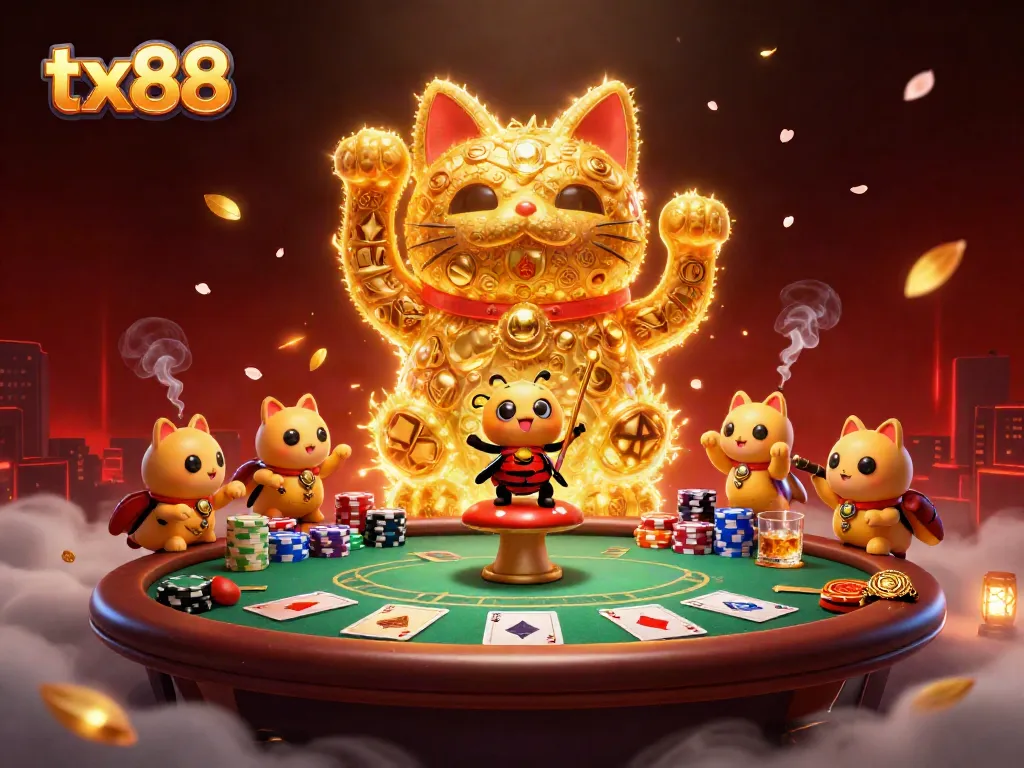 tx88 showcases a lucky cat and conductor beetle in a vibrant casino scene filled with poker elements.