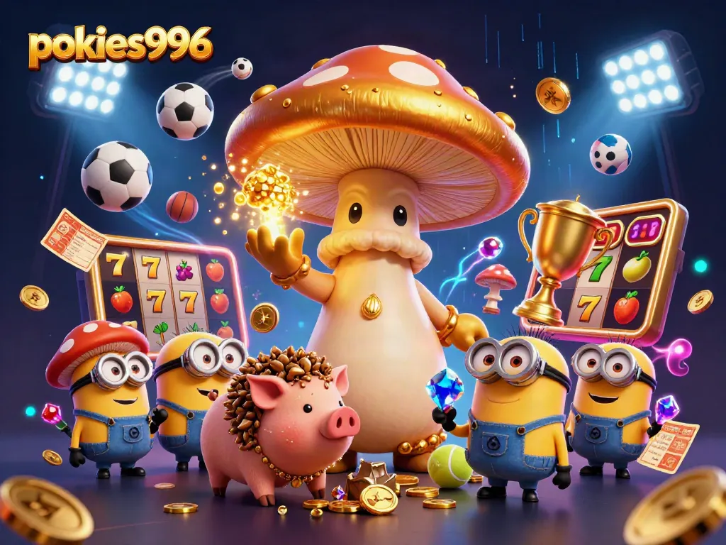 Spin and win with pokies996, featuring magical characters amidst slot reels and dynamic sports elements.