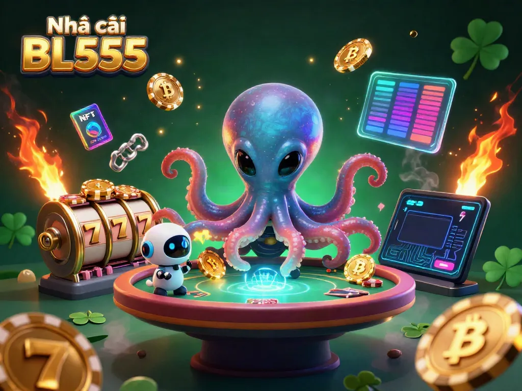 Experience the thrilling world of Nhà cái BL555 with a vibrant 3D casino illustration showcasing an alien octopus operating a poker table.