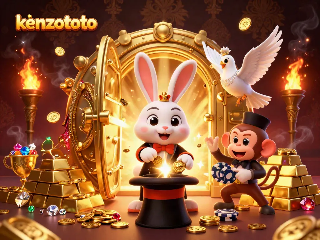 Engage in kenzototo's thrilling magic with a 3D cartoon of a magician rabbit, glitzy dove, and cheeky monkey, rich in casino charm.